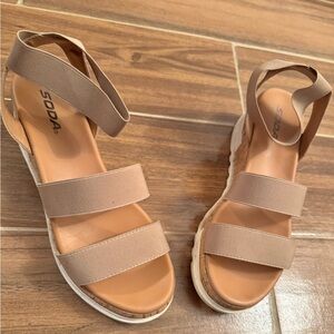 Slip On Open Toe Two Bands Elastic Ankle Strap Flatform Wedge